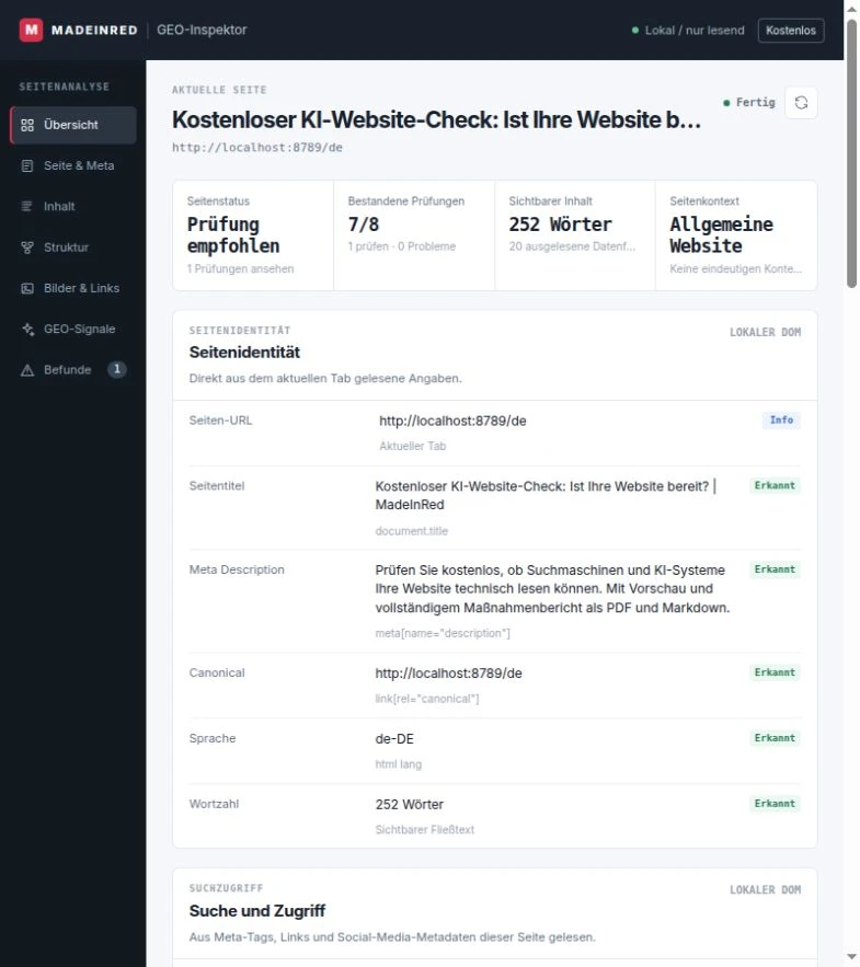 Tatsächliche deutsche Übersicht mit Metadaten, Prüfungen und sieben Ansichten