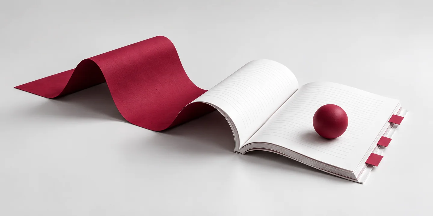 Redaktionelle Illustration: Ein weinrotes Papierband entfaltet sich zu einem redaktionellen Buch