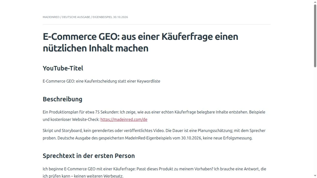 Tatsächliches Produktionsskript · Kein fertiges Video enthalten