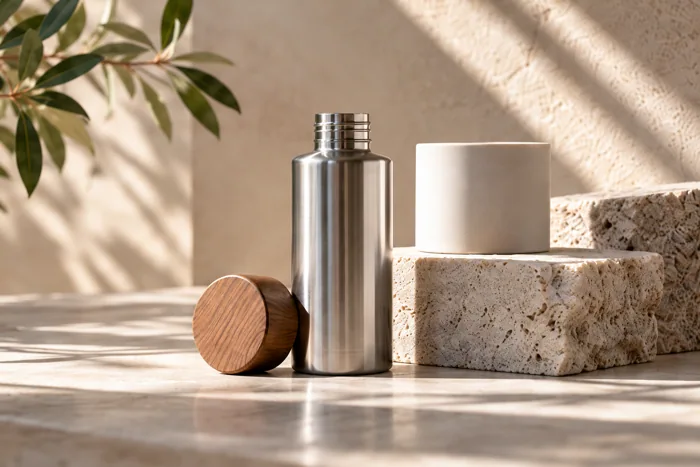 Symbolische unbeschriftete Edelstahlflasche und Materialien für einen Sonderauftrag