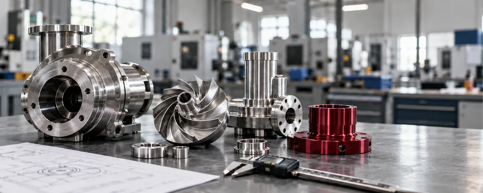 Symbolisches Industriestillleben mit bearbeiteten Metallteilen und Messschieber