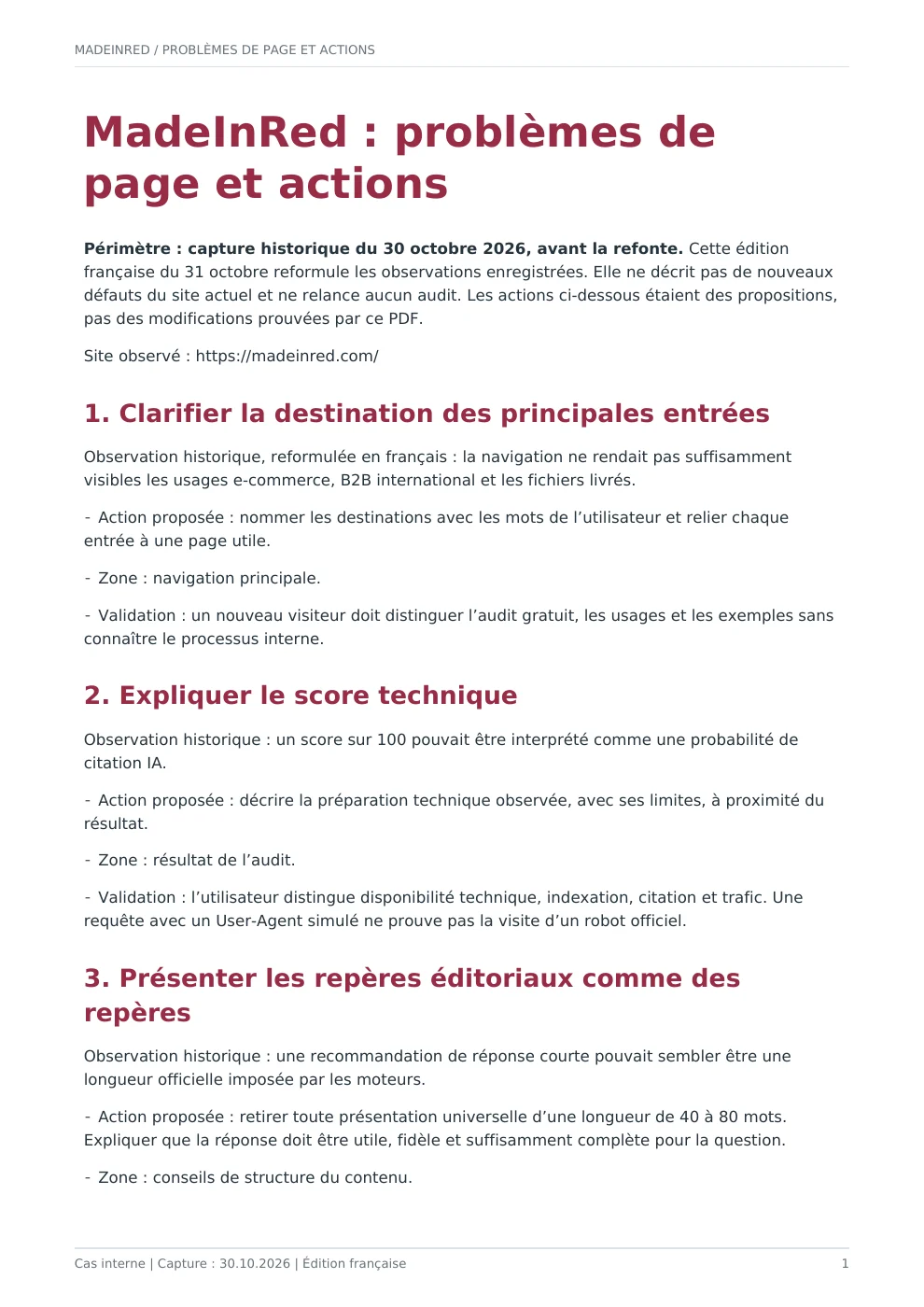 Problèmes du site et actions — aperçu français